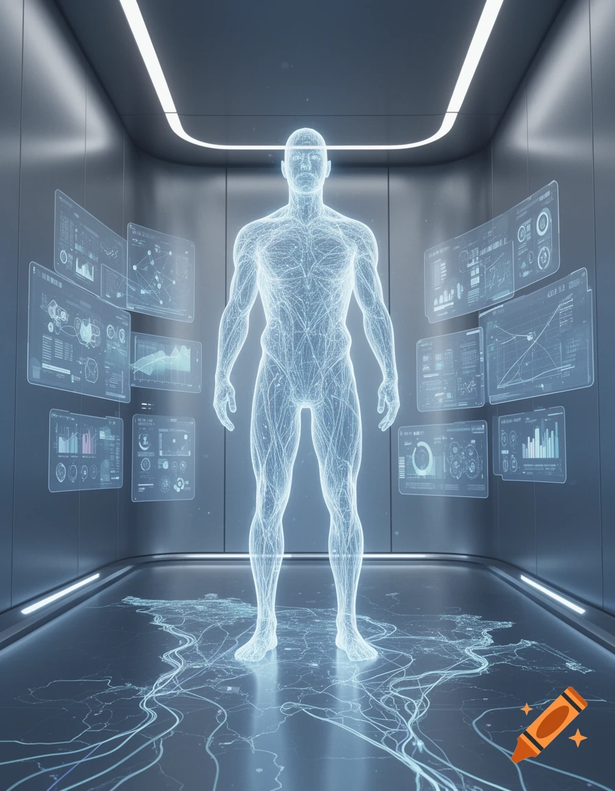 A glowing wireframe human figure stands centrally in a futuristic room with holographic data screens and a glowing map on the floor.
