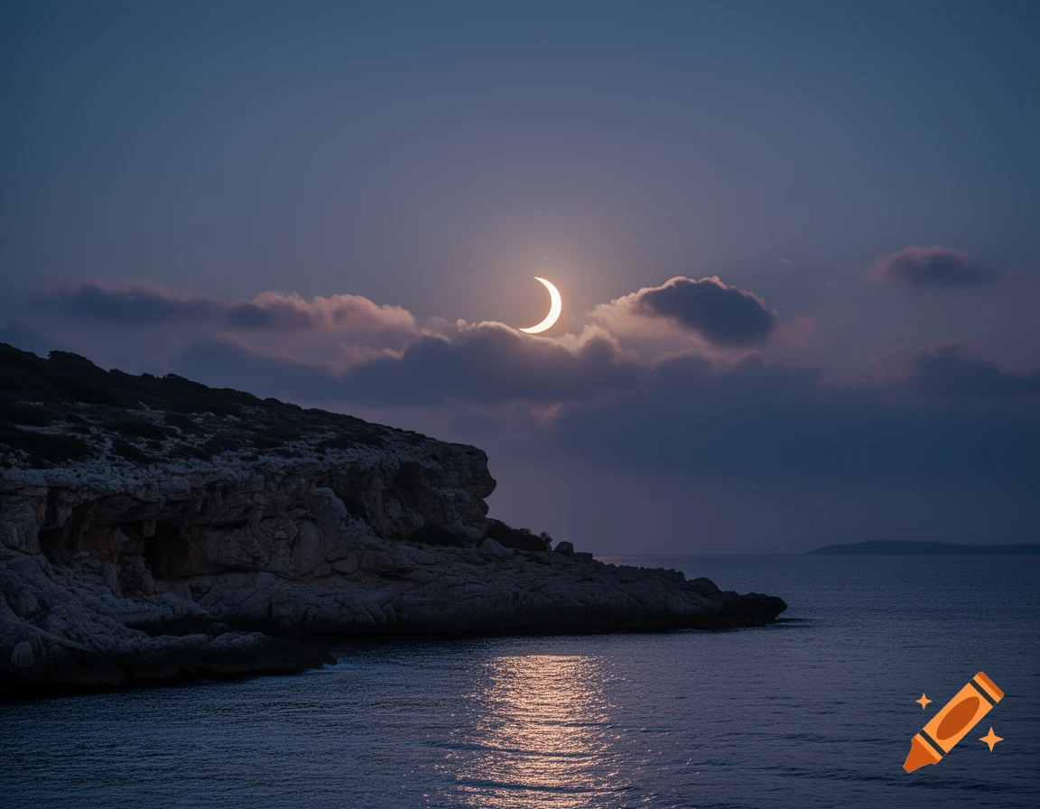 A luminous crescent moon hangs over a dark, rocky coastline with calm sea reflecting moonlight under a cloud-strewn night sky.