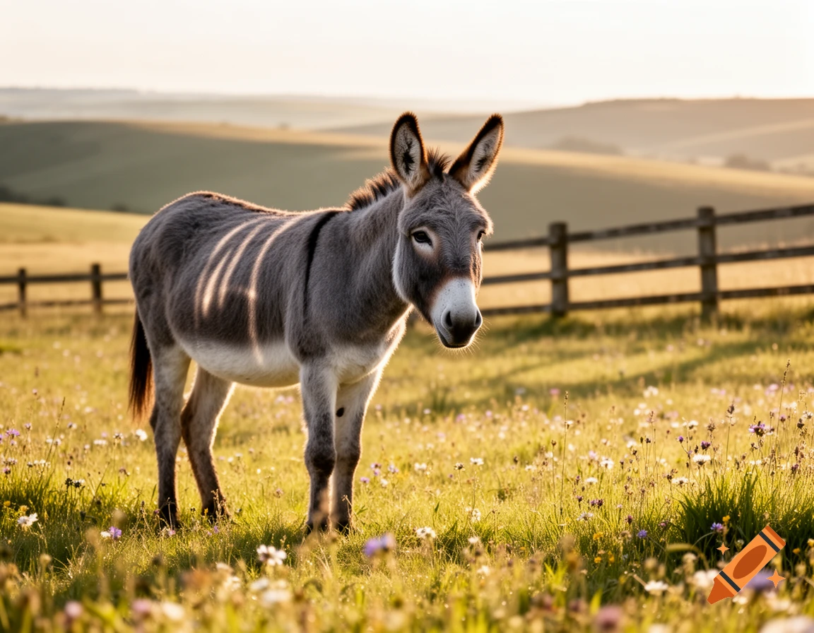 A gray donkey stands in a sunlit, flower-filled grassy field with a fence and hills in the background, photorealistic style.
