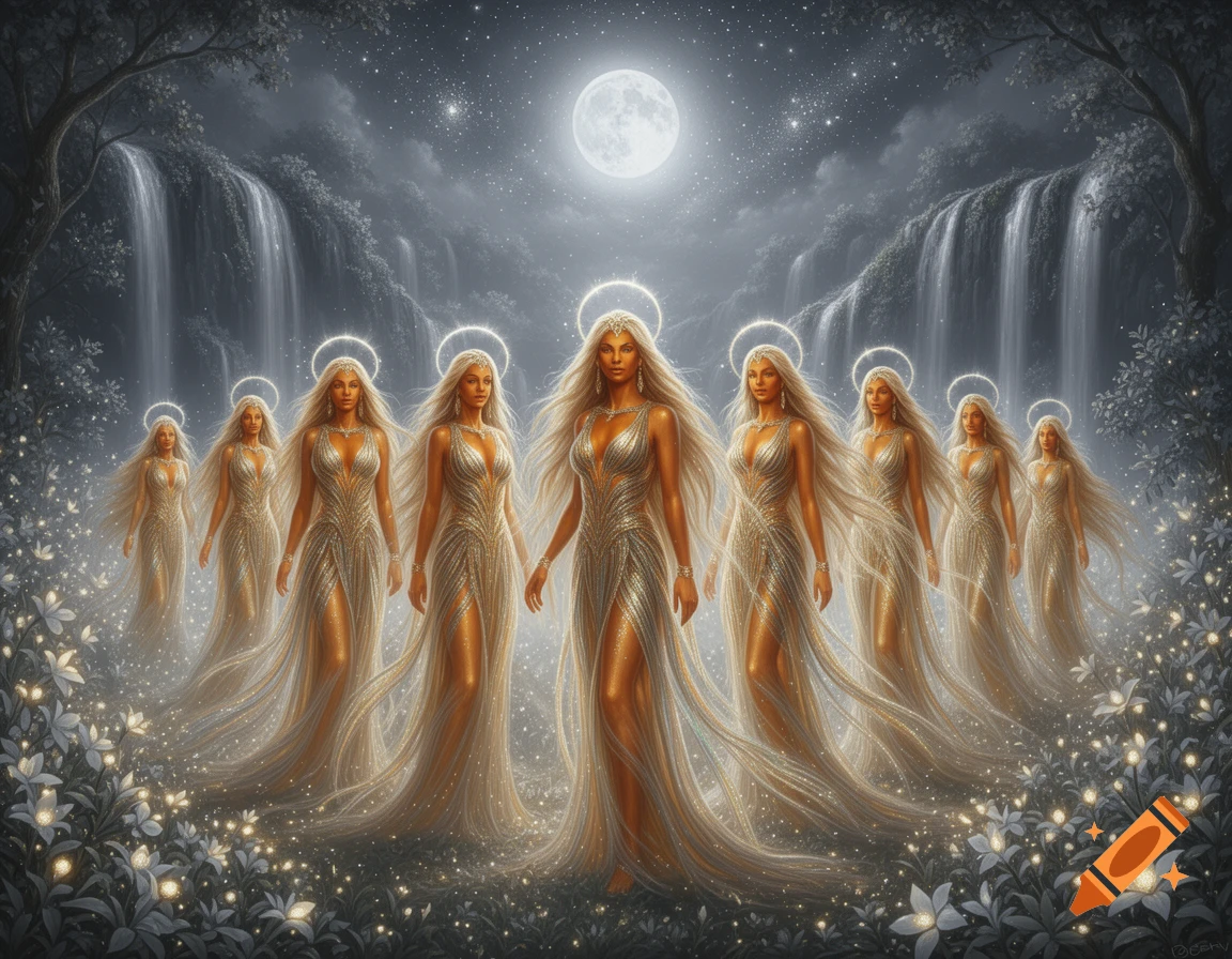 Eight ethereal women with halos and flowing golden dresses walk through a magical forest at night with waterfalls and glowing plants under a full moon.