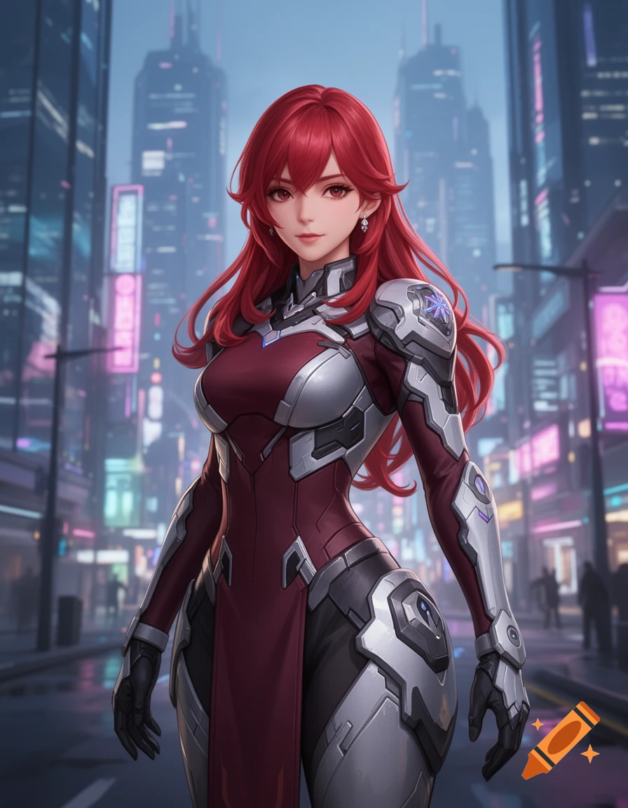 A red-haired anime woman in a futuristic burgundy and silver armored suit stands in a neon cyberpunk city.