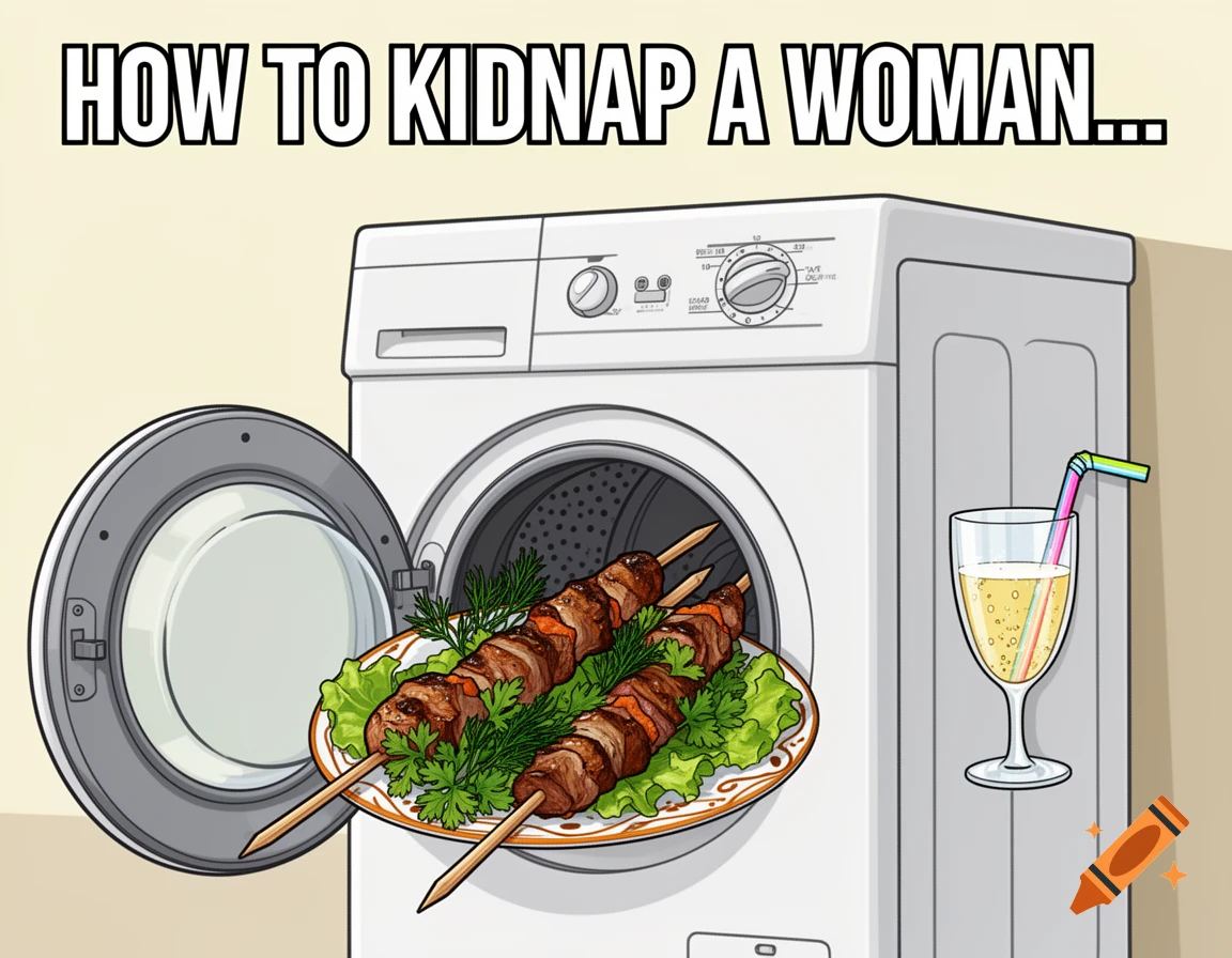 A cartoon meme showing a washing machine with the door open, containing two skewers of grilled meat (shashlik) on a plate with greens. Above the image, the text reads "HOW TO KIDNAP A WOMAN..."