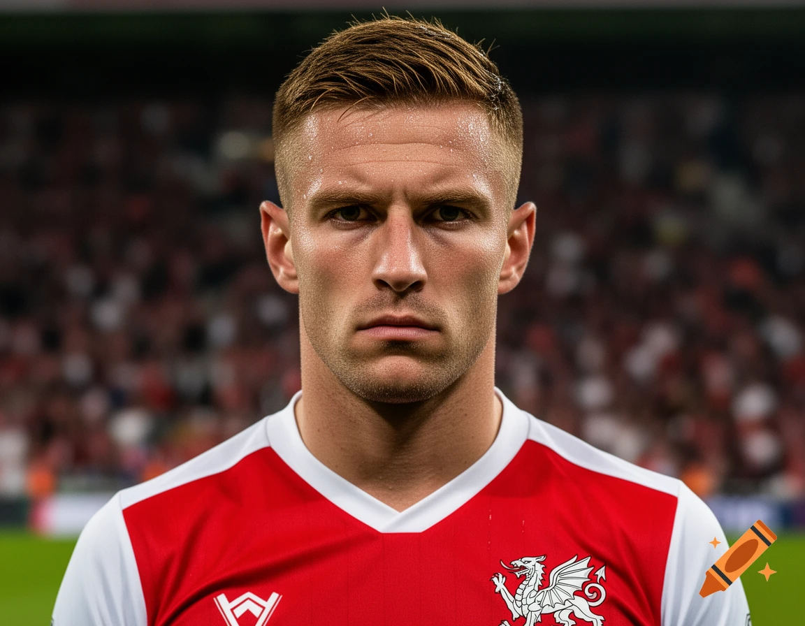 Close-up portrait of a male footballer in a red and white jersey with a Welsh dragon emblem.