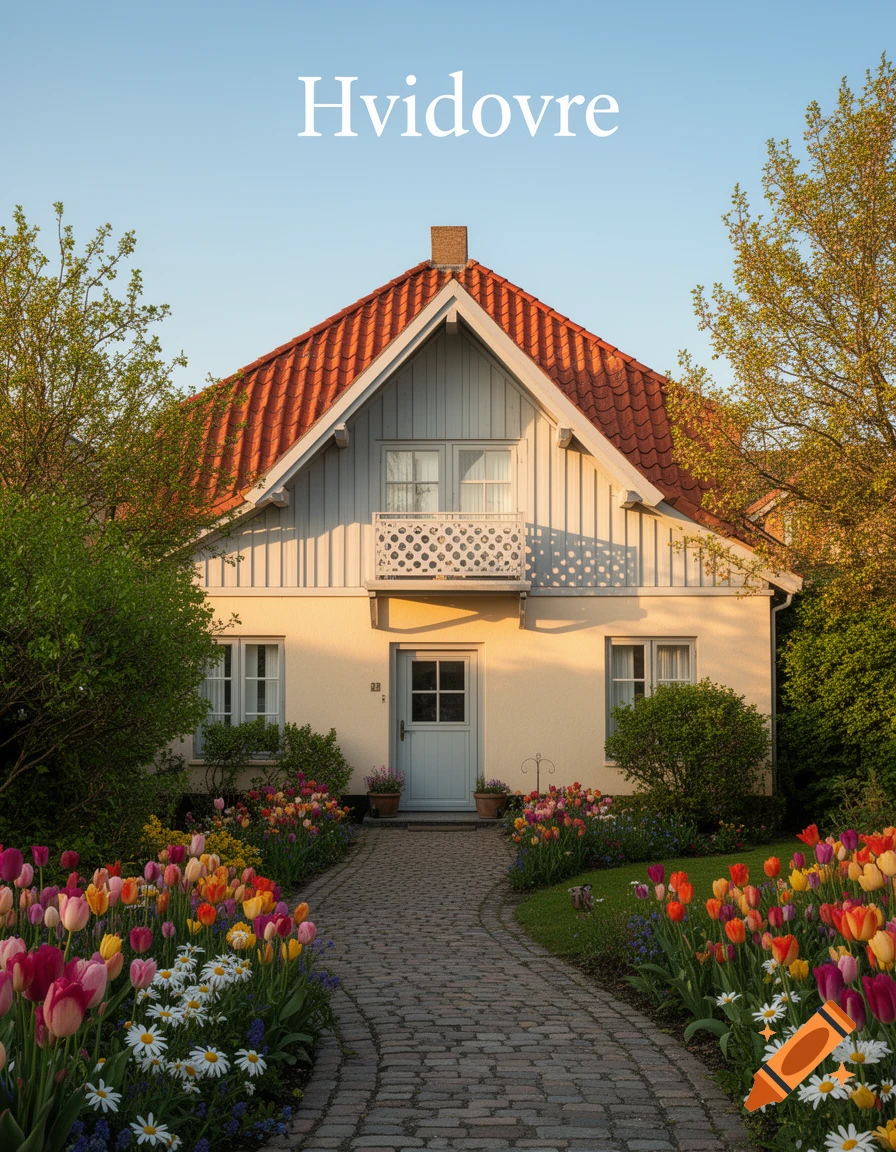 A charming house with a red roof, a white balcony, and a path flanked by colorful tulips and daisies under a blue sky, with 'Hvidovre' text.