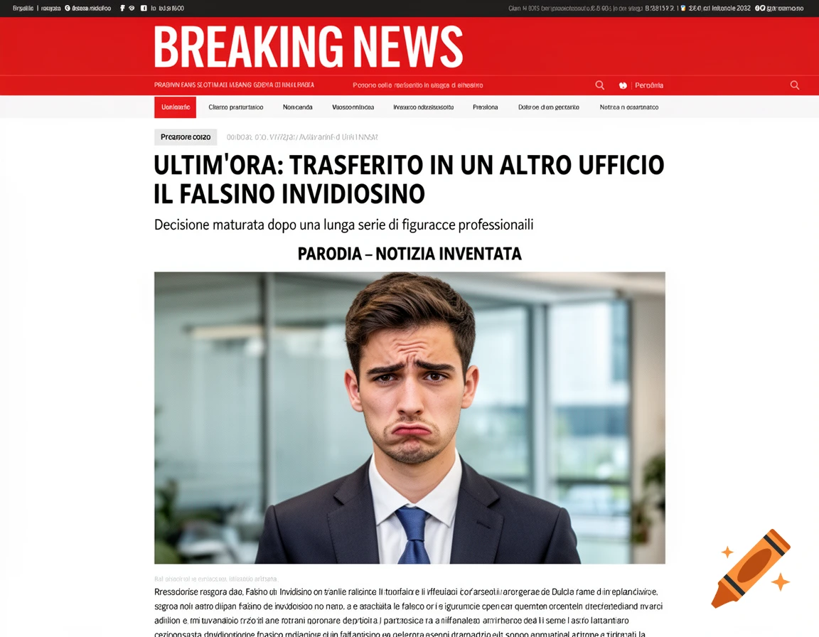 A mock-up of an Italian breaking news website with a headline about "Falsino Invidiosino" being transferred, featuring a pouting young man in a suit in an office setting.
