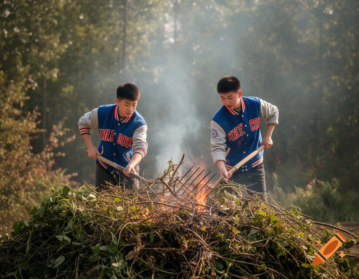 Two teen boys in varsity jackets rake a large smoking pile of green waste, with fire visible among the branches, in a wooded area.