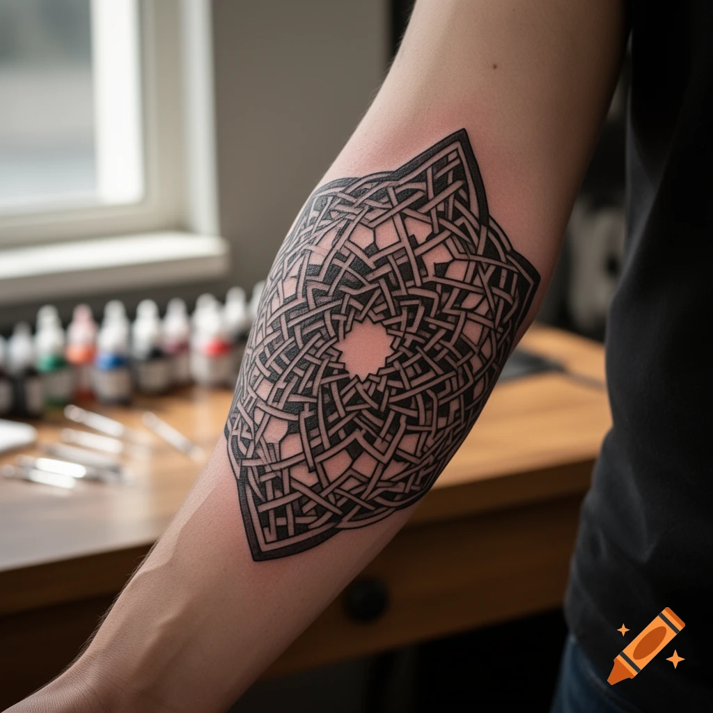 A close-up of a person's forearm featuring a large, intricate black geometric knotwork tattoo, with a blurred background.