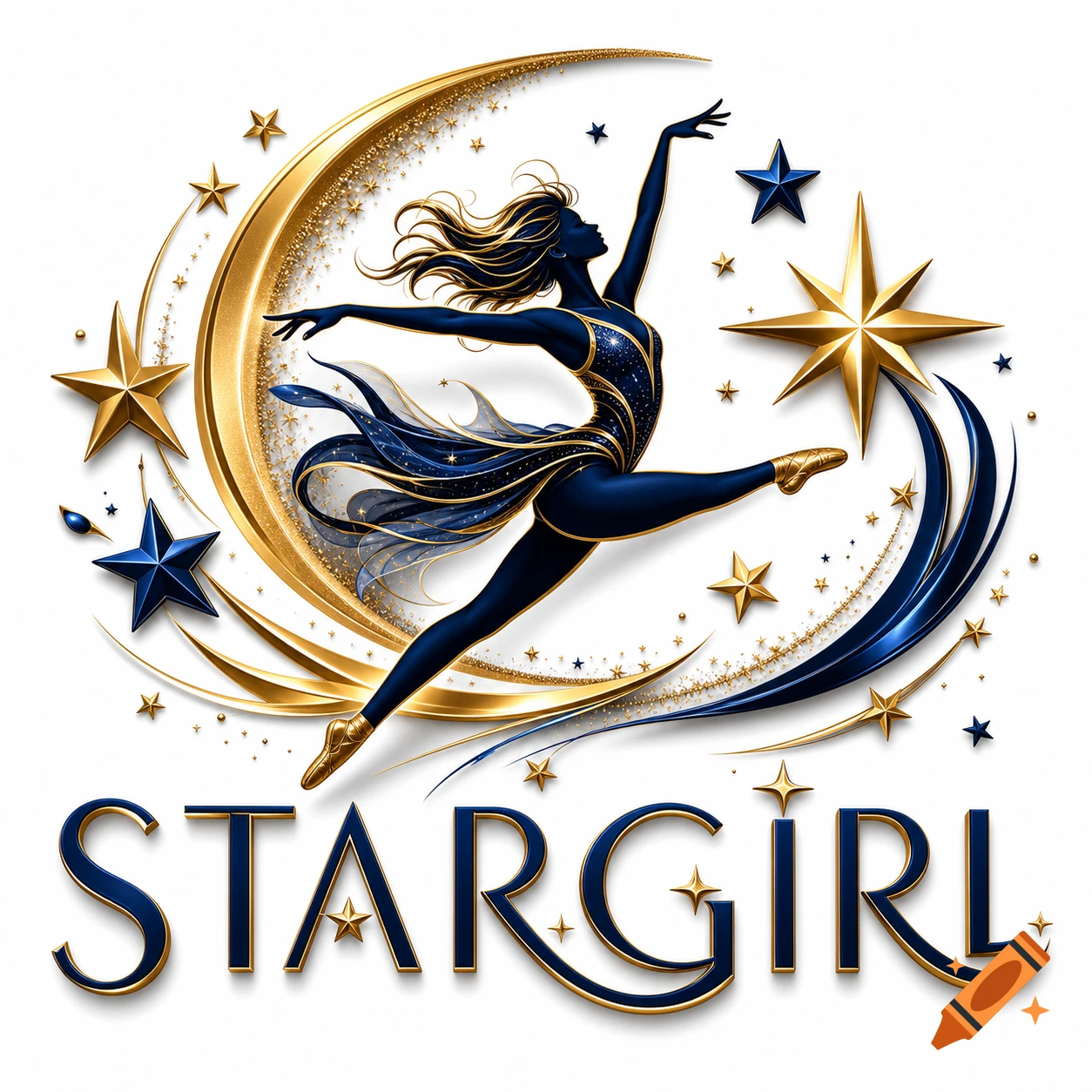 Stylized logo with a leaping dancer silhouette, golden crescent moon, blue and gold stars, and the word 'STARGIRL' below.