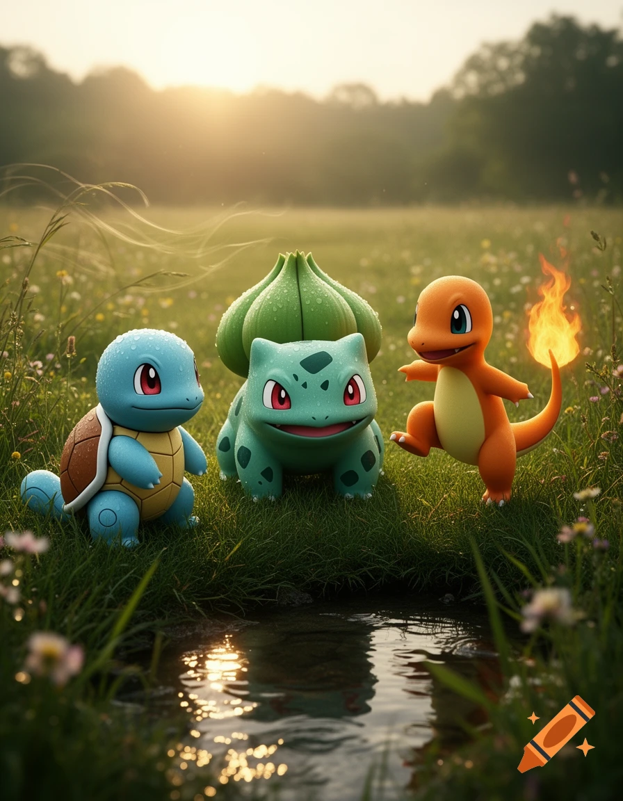 Squirtle, Bulbasaur, and Charmander stand together in a sunny, green field by a pond.