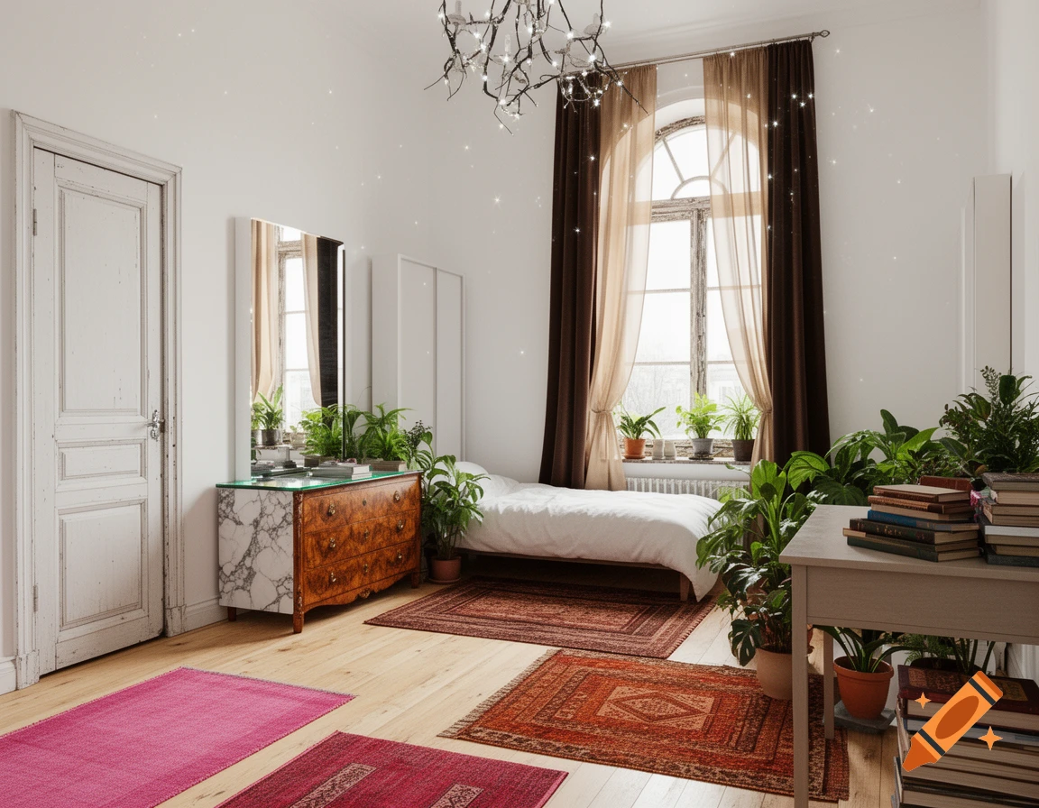 A sunlit bedroom with an arched window, white walls, wood floors, a bed, a marble-wood dresser, many potted plants, and colorful rugs.