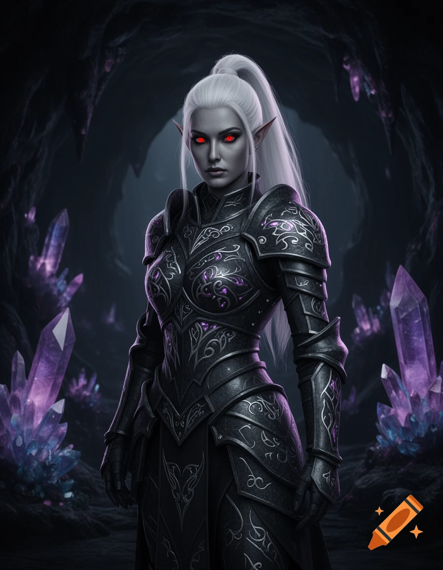A female drow warrior with white hair and glowing red eyes in ornate black armor stands in a dark, crystal-filled cavern.
