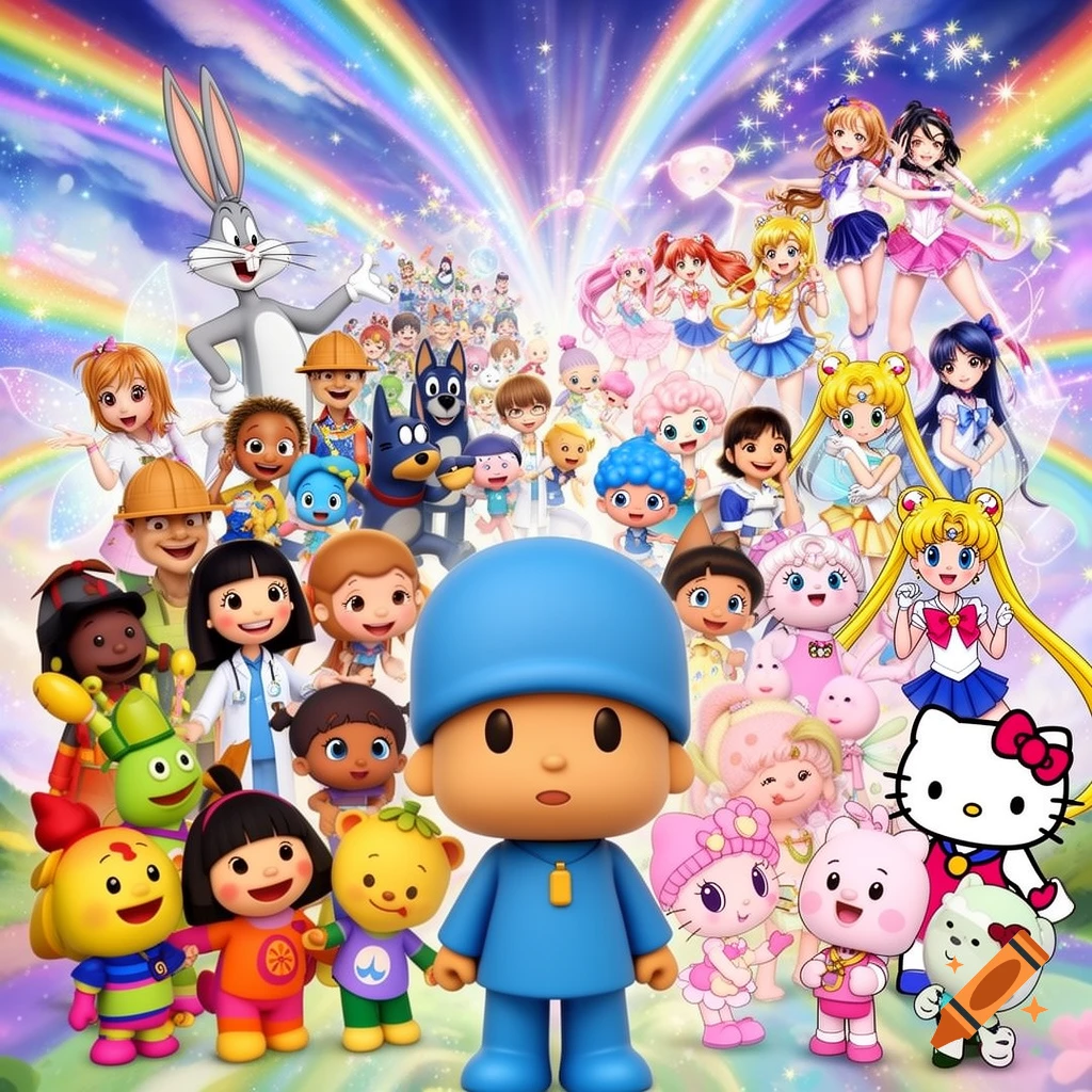 A vibrant poster featuring numerous cartoon characters like Pocoyo, Bugs Bunny, Sailor Moon, and Hello Kitty posed against a rainbow and starry sky.