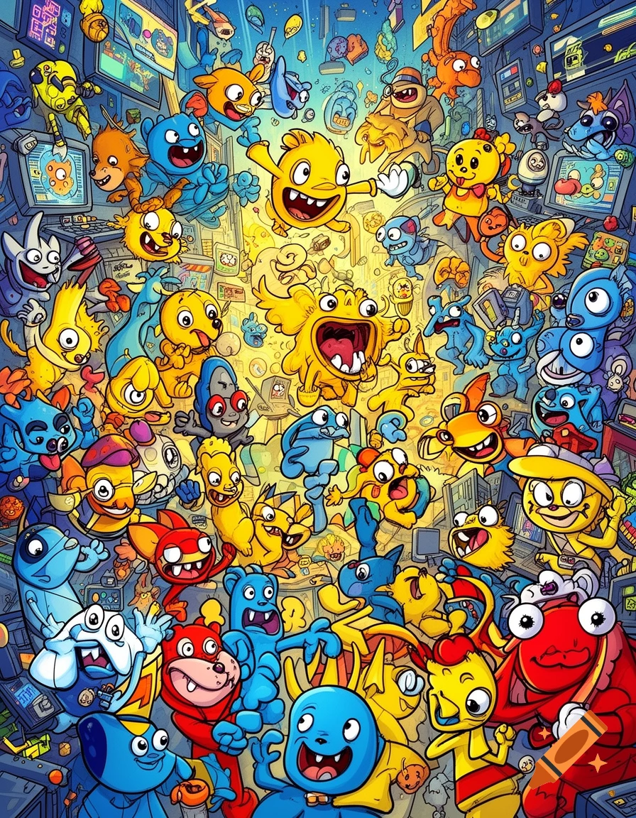A crowded, vibrant cartoon illustration of many colorful, stylized monsters and creatures, some interacting with computers and technology in a chaotic, busy scene.