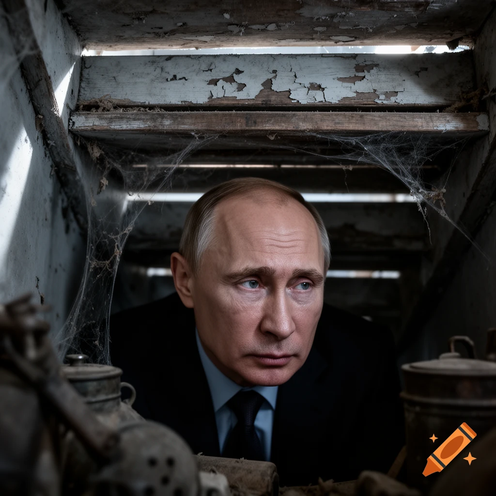 Photorealistic portrait of Vladimir Putin peering out from under dusty, cobweb-filled old wooden stairs.