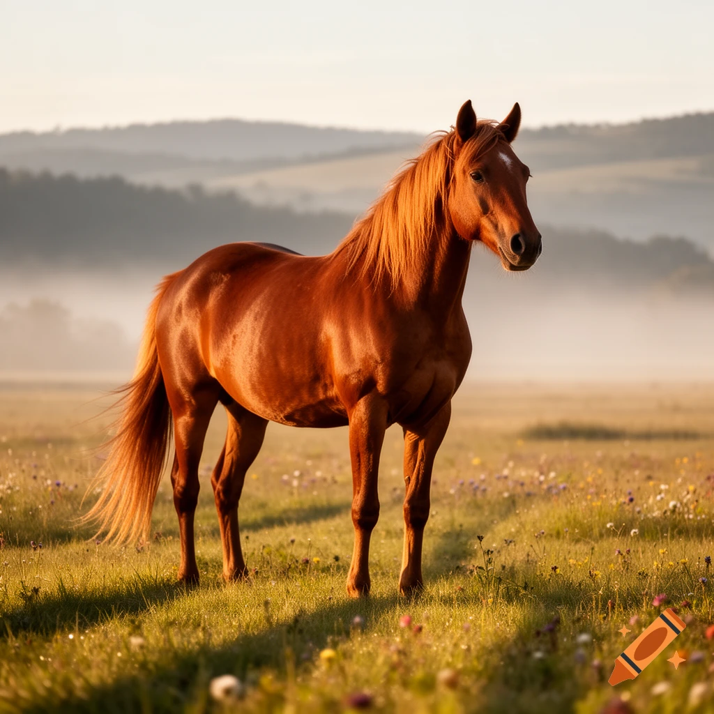 A beautiful brown horse with a flowing mane stands in a sunlit field with misty hills in the background.