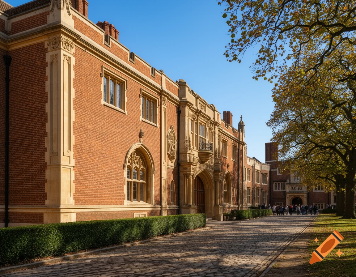 A grand red brick university building with beige stone trim, a cobblestone path, and autumn trees on a sunny day.