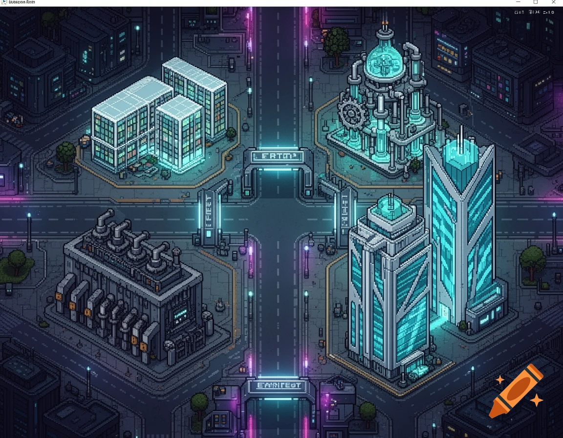 A top-down pixel art view of a futuristic city with glowing neon buildings, wide roads, and industrial structures.