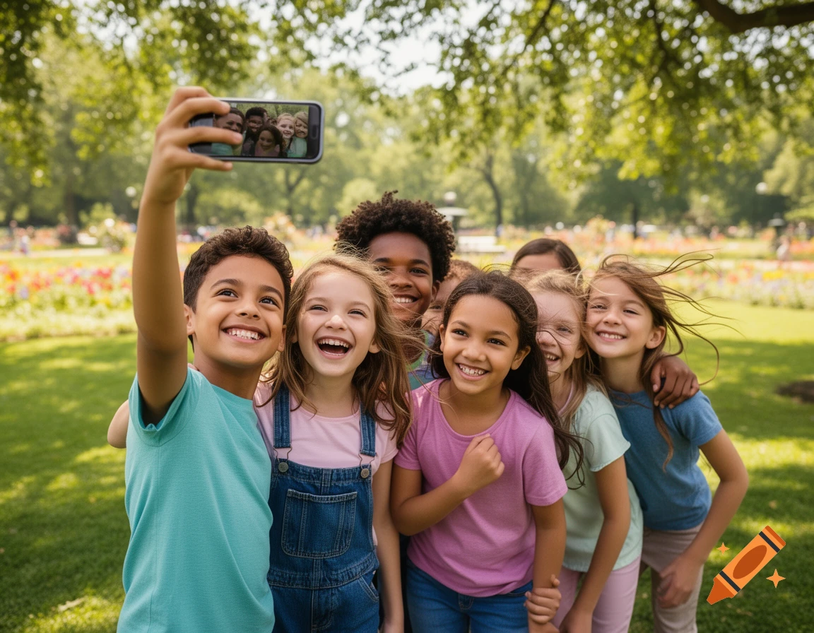 A group of happy, diverse children smiling and posing for a selfie in a sunny park.