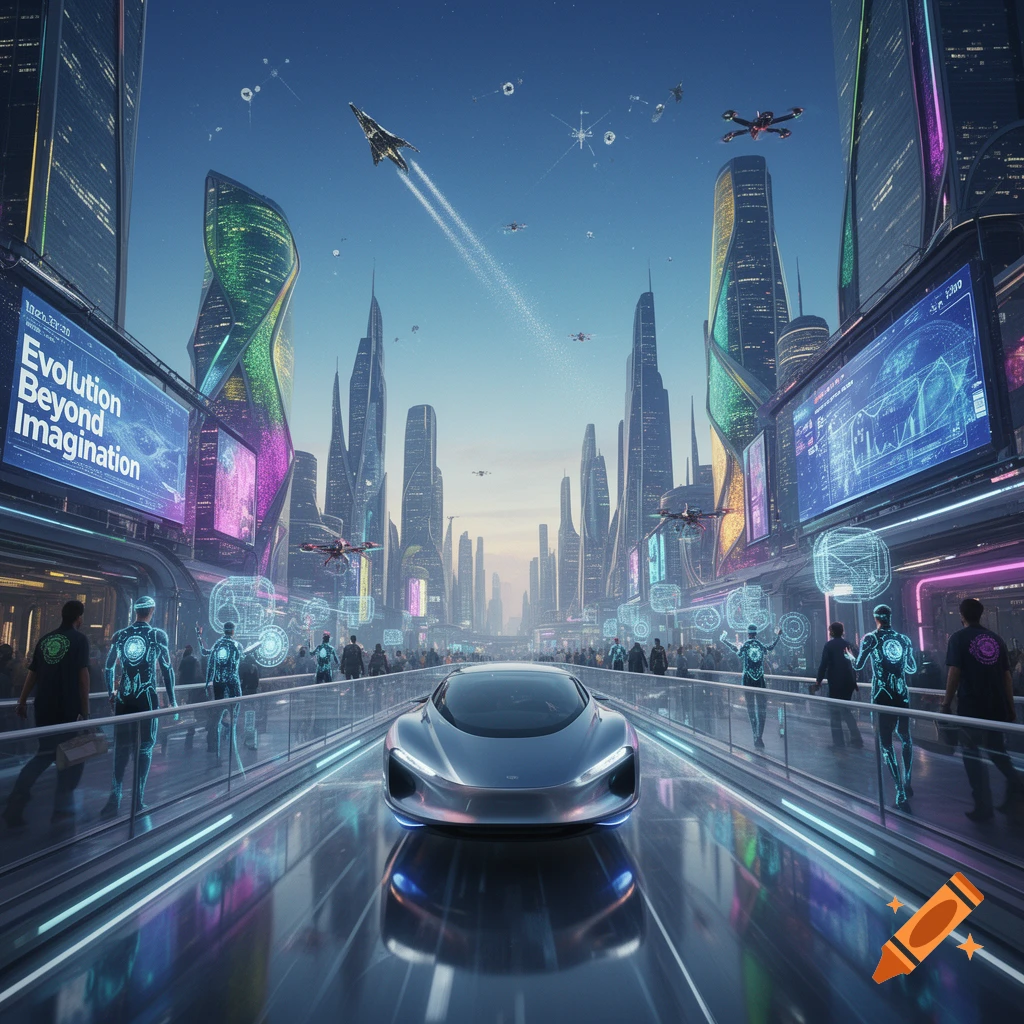 A futuristic city at dusk with neon-lit skyscrapers, flying vehicles, and people with glowing outlines. A sleek silver car drives on a central elevated road.