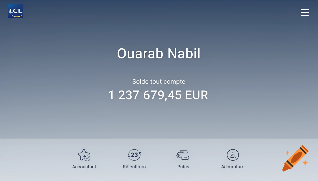 A screenshot of a mobile banking app showing an account balance of 1,237,679.45 EUR for Ouarab Nabil, with the LCL logo and several incorrect navigation labels at the bottom.