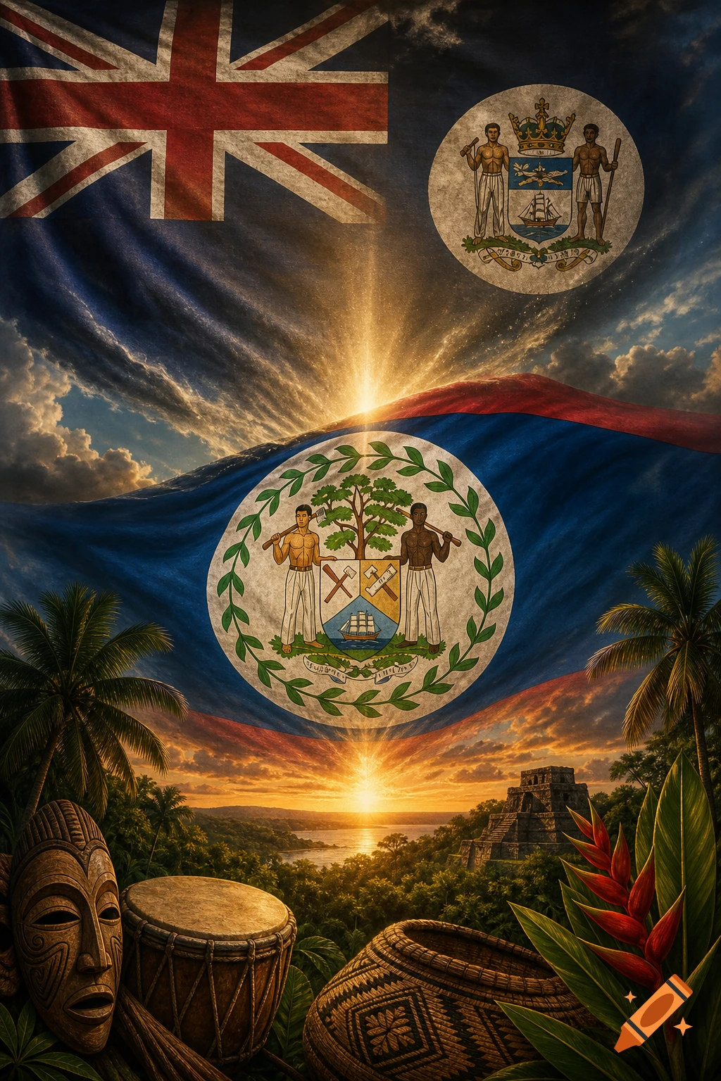 A vibrant collage featuring the Belize flag prominently, with the older British Honduras flag and coat of arms in the top left. A tropical landscape with a sunset, ancient Mayan pyramid, and cultural artifacts like a wooden mask and drum are visible below.