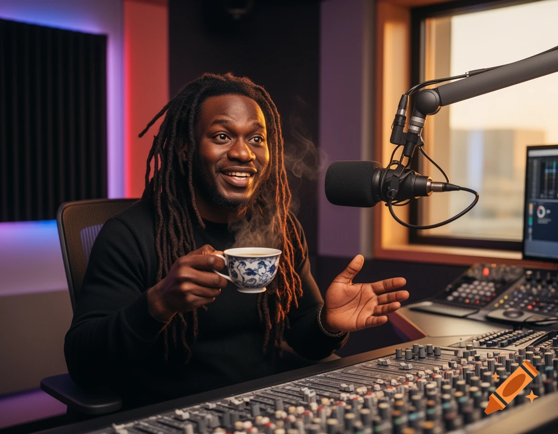 A smiling Black man with dreadlocks holding a steaming tea cup, talking into a studio microphone, with a sound mixer in front of him.