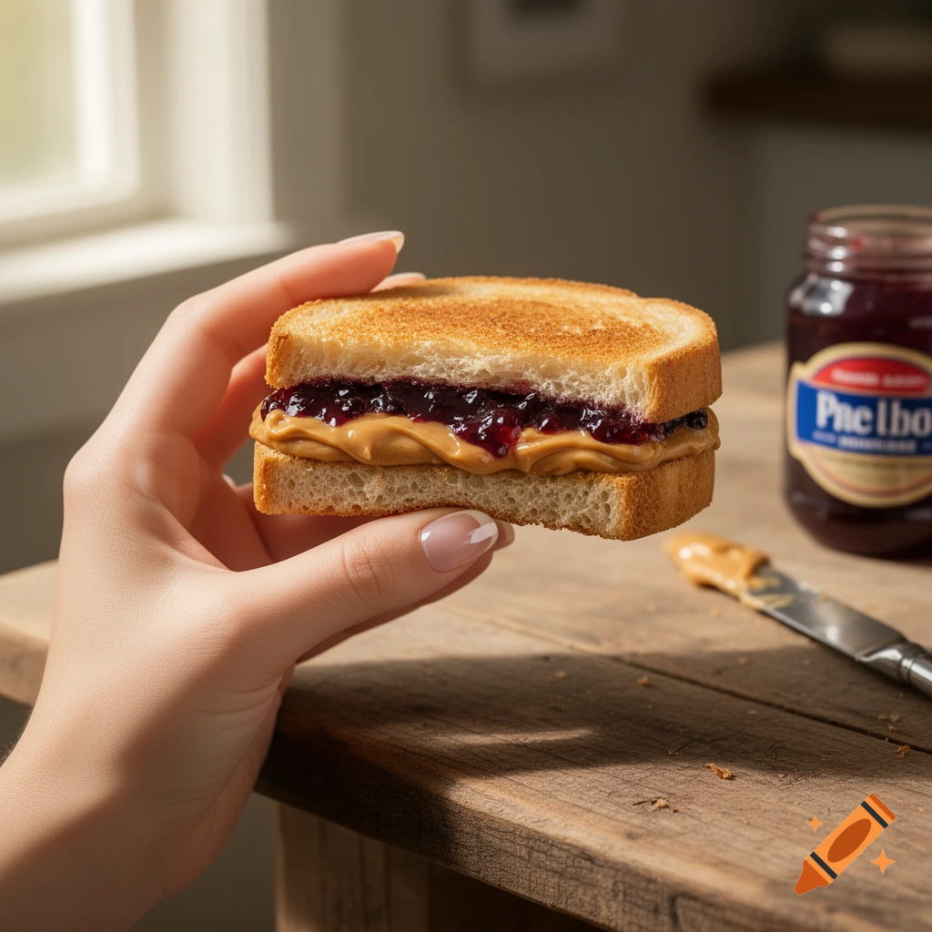 A hand holds a peanut butter and jelly sandwich on toasted bread, with a jar of jelly and a knife on a wooden table.