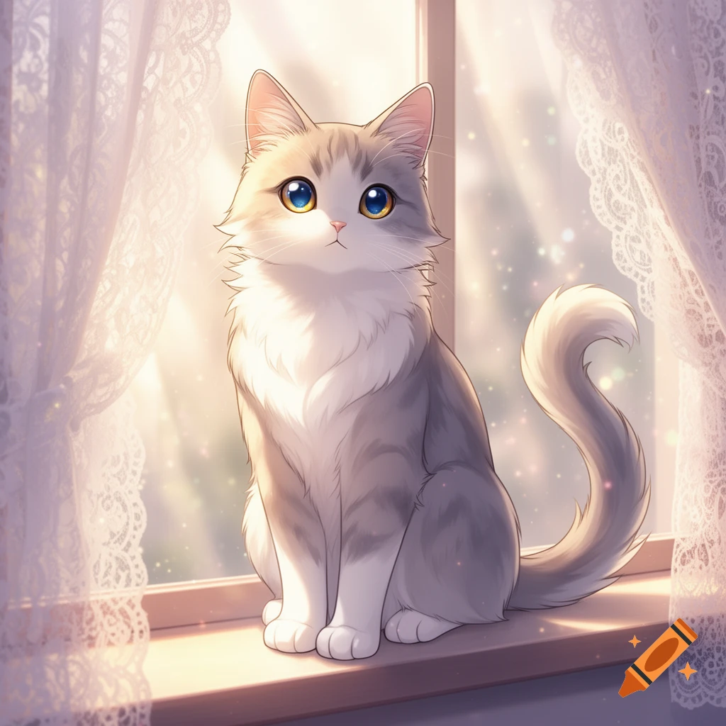 A cute anime cat with big blue-gold eyes sits on a sunlit window sill next to lace curtains.