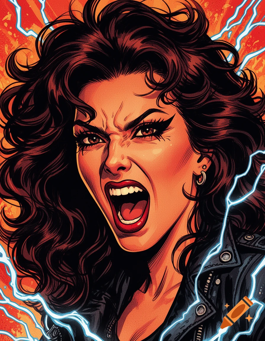 Pulp comic art closeup of a fierce brunette woman with curly hair, screaming, wearing a leather jacket, with blue lightning bolts.