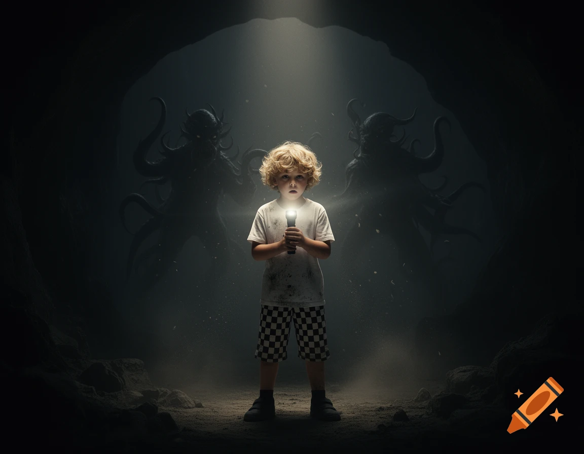 A blonde child with a flashlight stands in a dark cave, two shadowy tentacled monsters behind him.