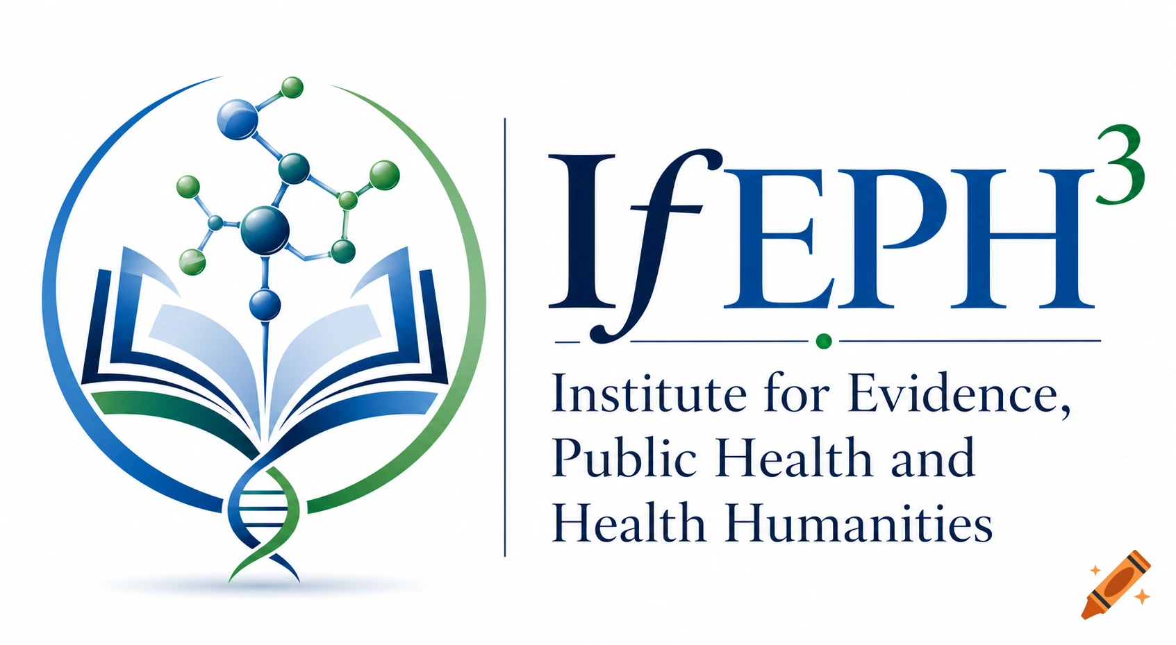 A logo for IfEPH3, Institute for Evidence, Public Health and Health Humanities, featuring an open book, DNA helix, and molecular structure within a blue and green circular design.