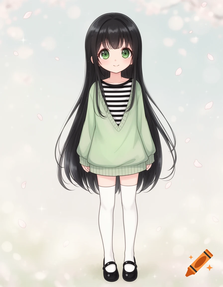 A soft, kawaii illustration of an anime girl with long black hair, green eyes, a light green sweater, striped shirt, white knee-high socks, and black Mary-Jane shoes.