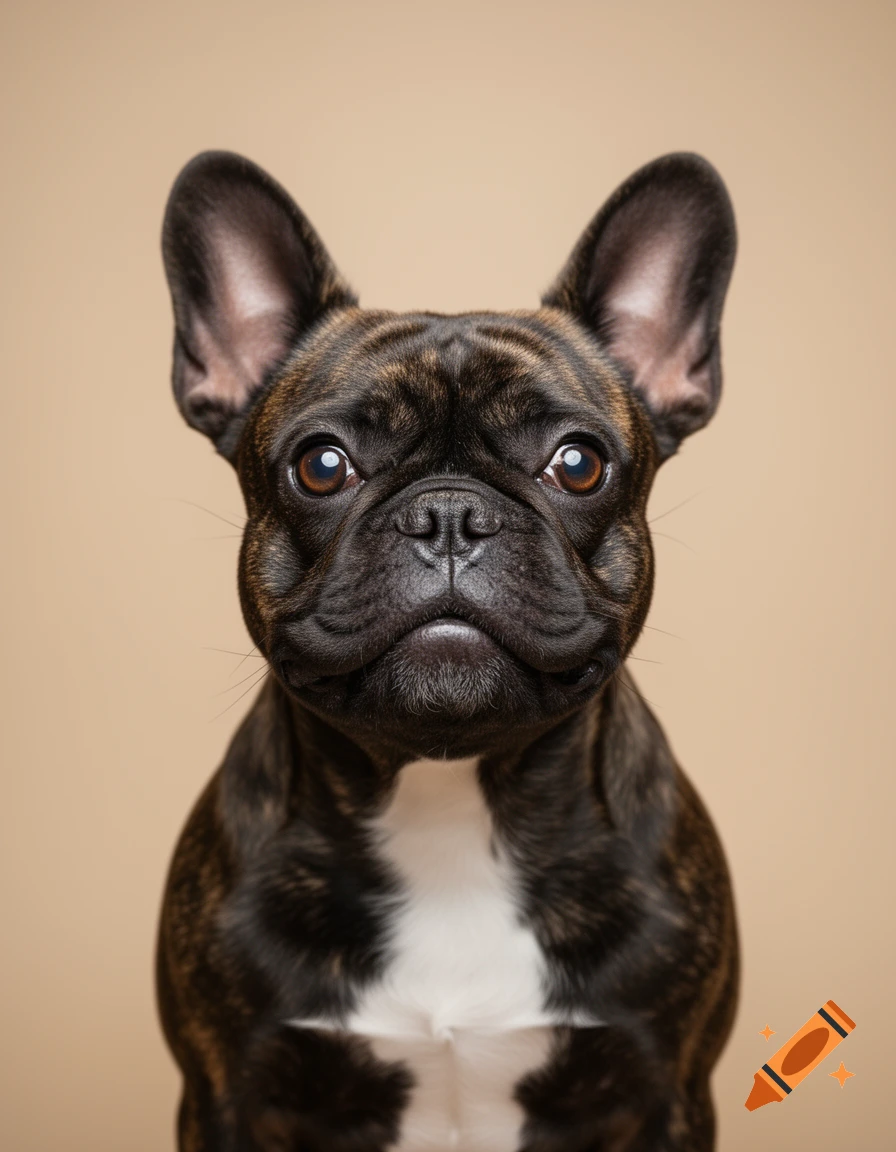 A brindle French bulldog with a white chest looks directly at the camera in a close-up portrait against a tan background.