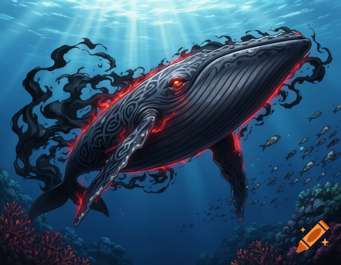 A menacing, stylized whale with glowing red eyes, fiery red aura, and dark smoke swims underwater above coral. Digital illustration.