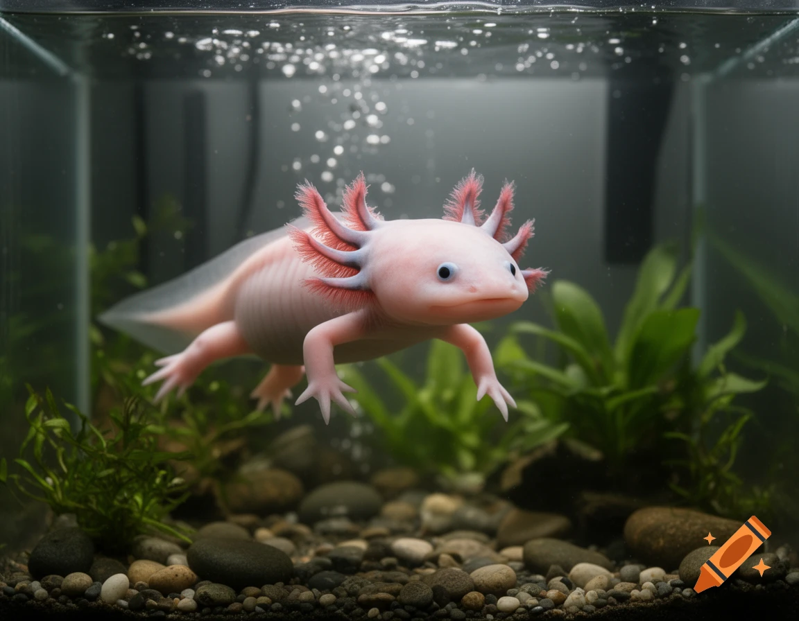 A pink axolotl with feathery gills floats in an aquarium over a bed of small rocks and green plants, with bubbles rising.