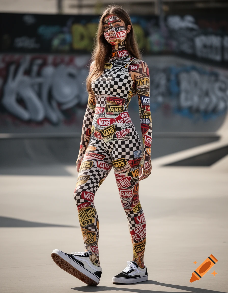 A young woman wearing a full-body suit covered in Vans checkerboard patterns and logos stands in a skatepark. Photorealistic style.