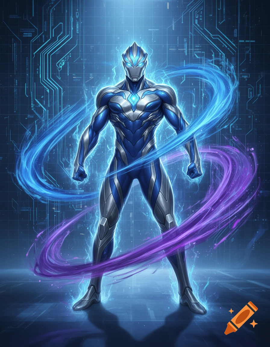 Blue and silver futuristic superhero character with glowing eyes and energy swirling around him against a circuit board background.