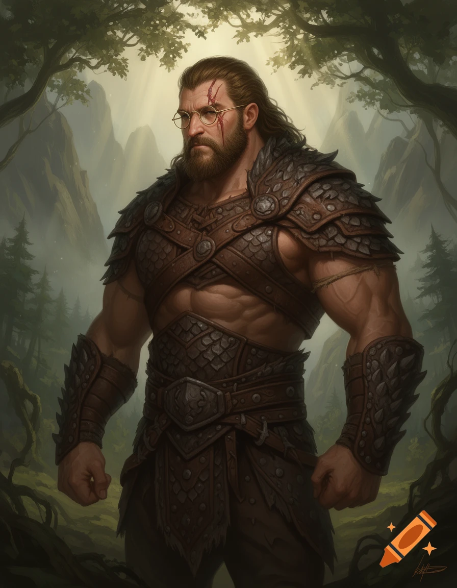 A muscular, bearded fantasy barbarian with a scar on his face and spectacles, wearing leather armor in a misty forest.