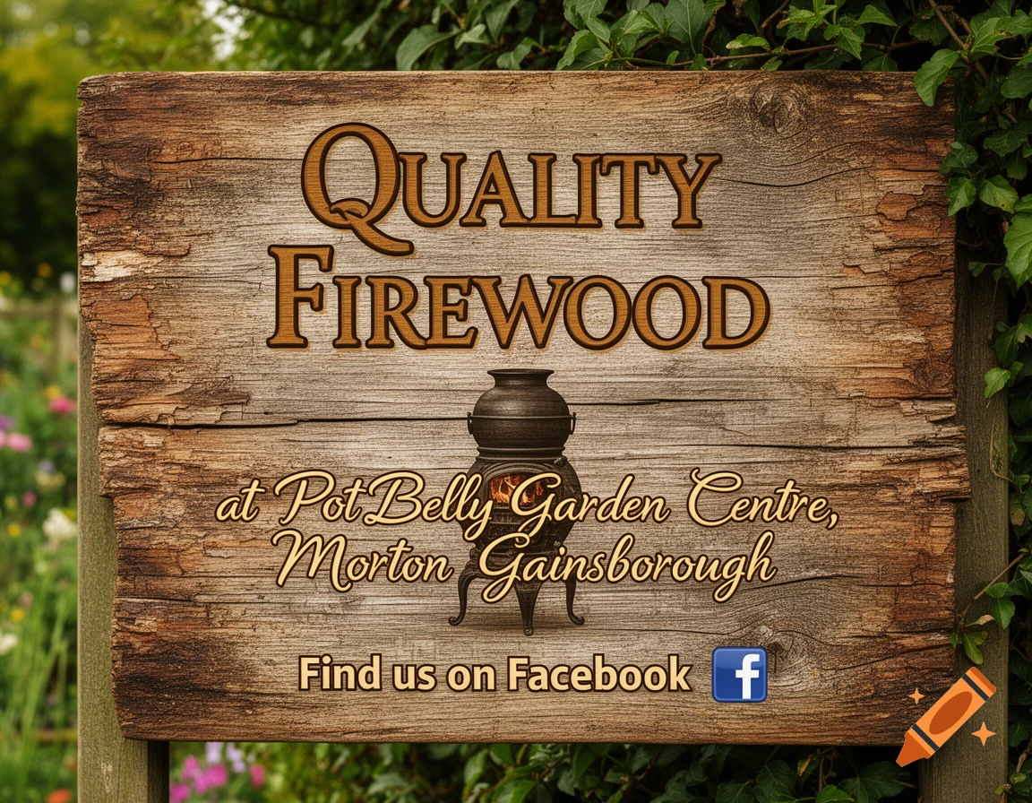 Rustic wooden sign for "Quality Firewood" at "Pot Belly Garden Centre, Morton Gainsborough", with a Facebook logo, surrounded by green foliage.