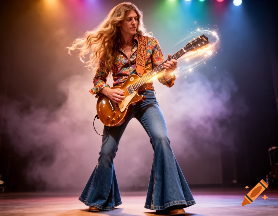 A long-haired musician in 70s bell-bottoms plays an electric guitar with glowing effects on a stage with spotlights and smoke.