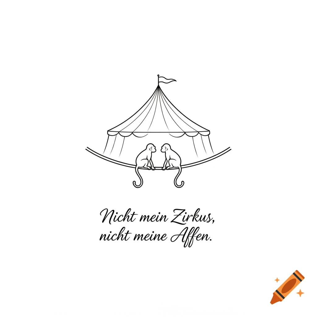 Minimalist black line art shows two monkeys on a rope under a circus tent with the German text 'Nicht mein Zirkus, nicht meine Affen.'