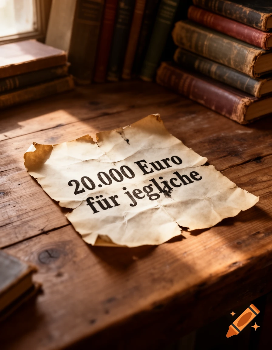 Crumpled paper with '20.000 Euro für jegliche' on a wooden table, with old books in the background.