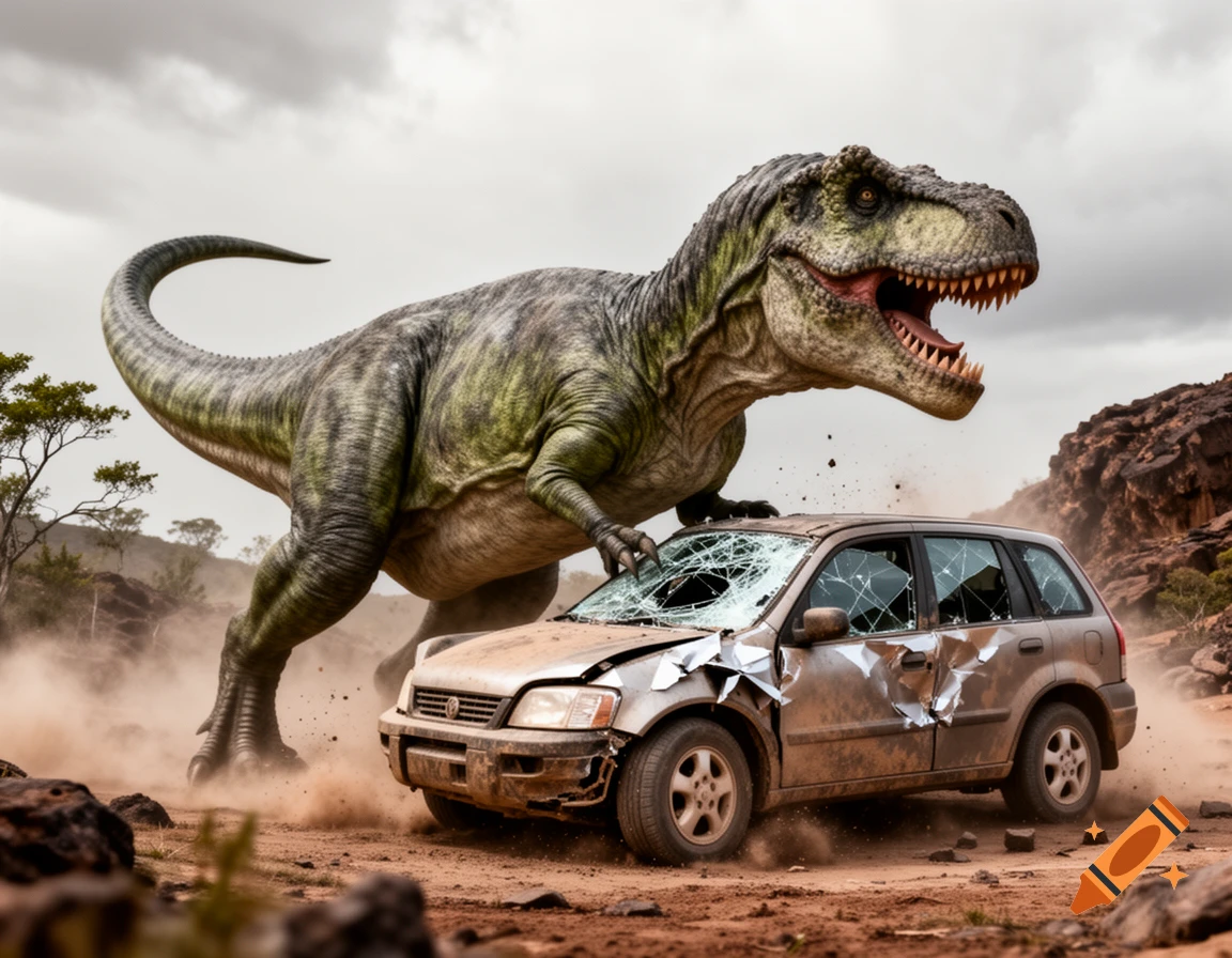 A photorealistic T-Rex, with its mouth open, attacks a smashed car, kicking up dust in a barren, rocky landscape.