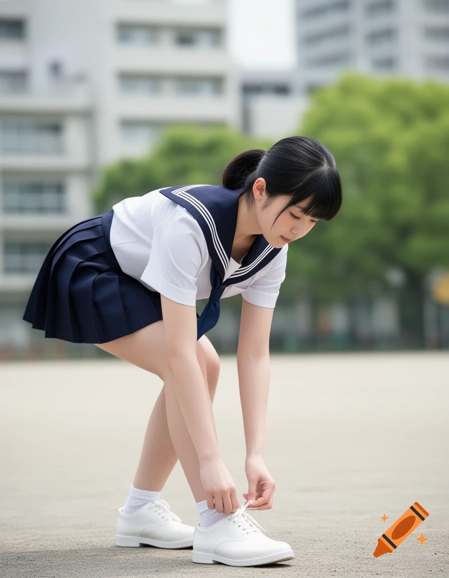 A young woman in a Japanese school uniform with a ponytail bends to tie her white shoelace outdoors.