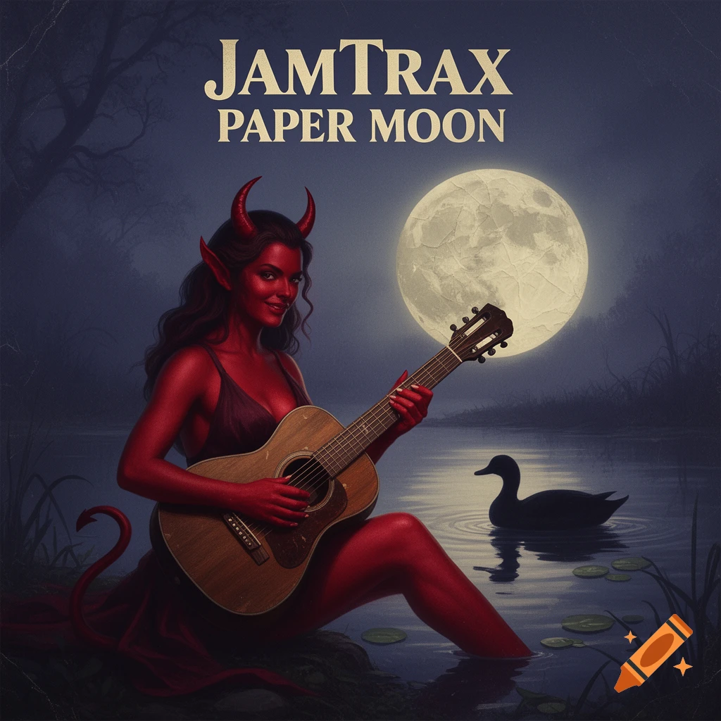 A red-skinned female devil with horns and a tail plays an acoustic guitar by a moonlit lake, with a duck swimming nearby. Text "JAMTraX PAPER MOON" at the top, vintage style.