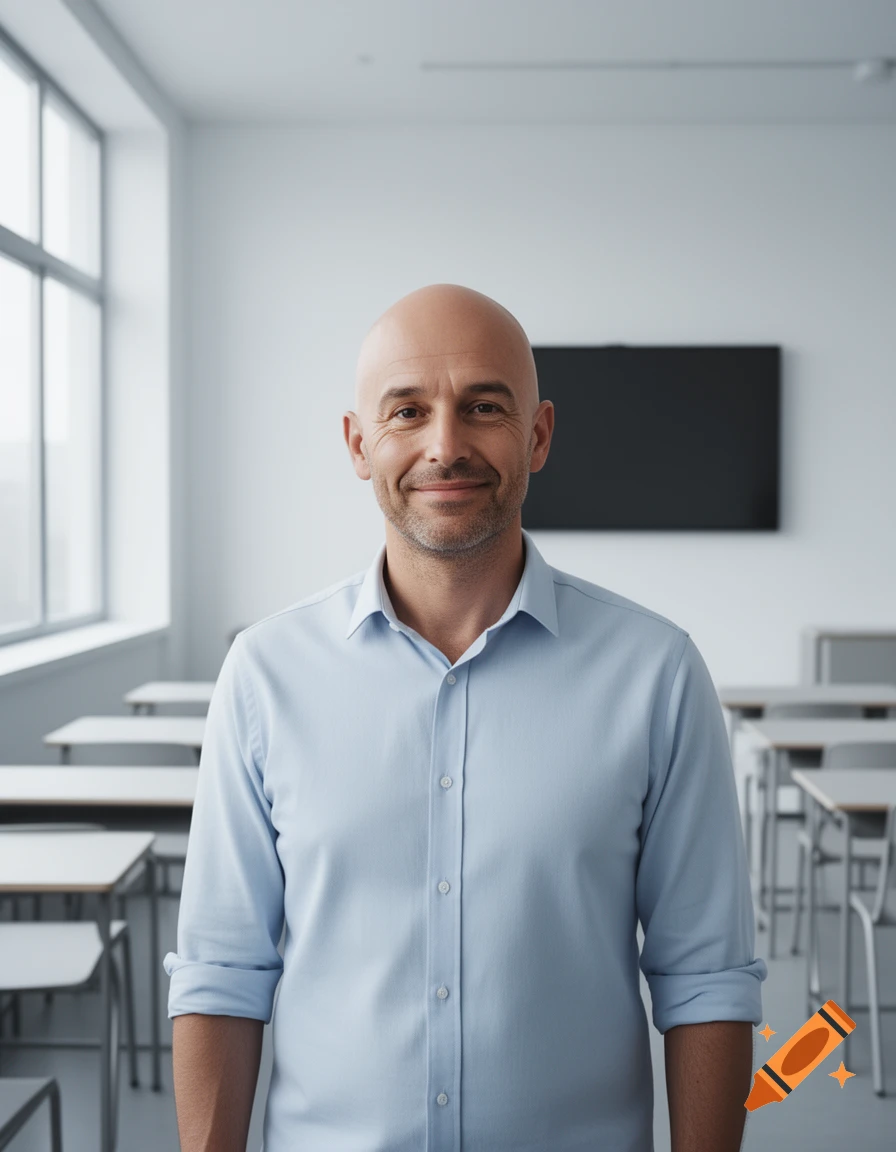 A smiling bald man in a light blue button-up shirt stands in a modern classroom with desks and a large blank screen in the background.