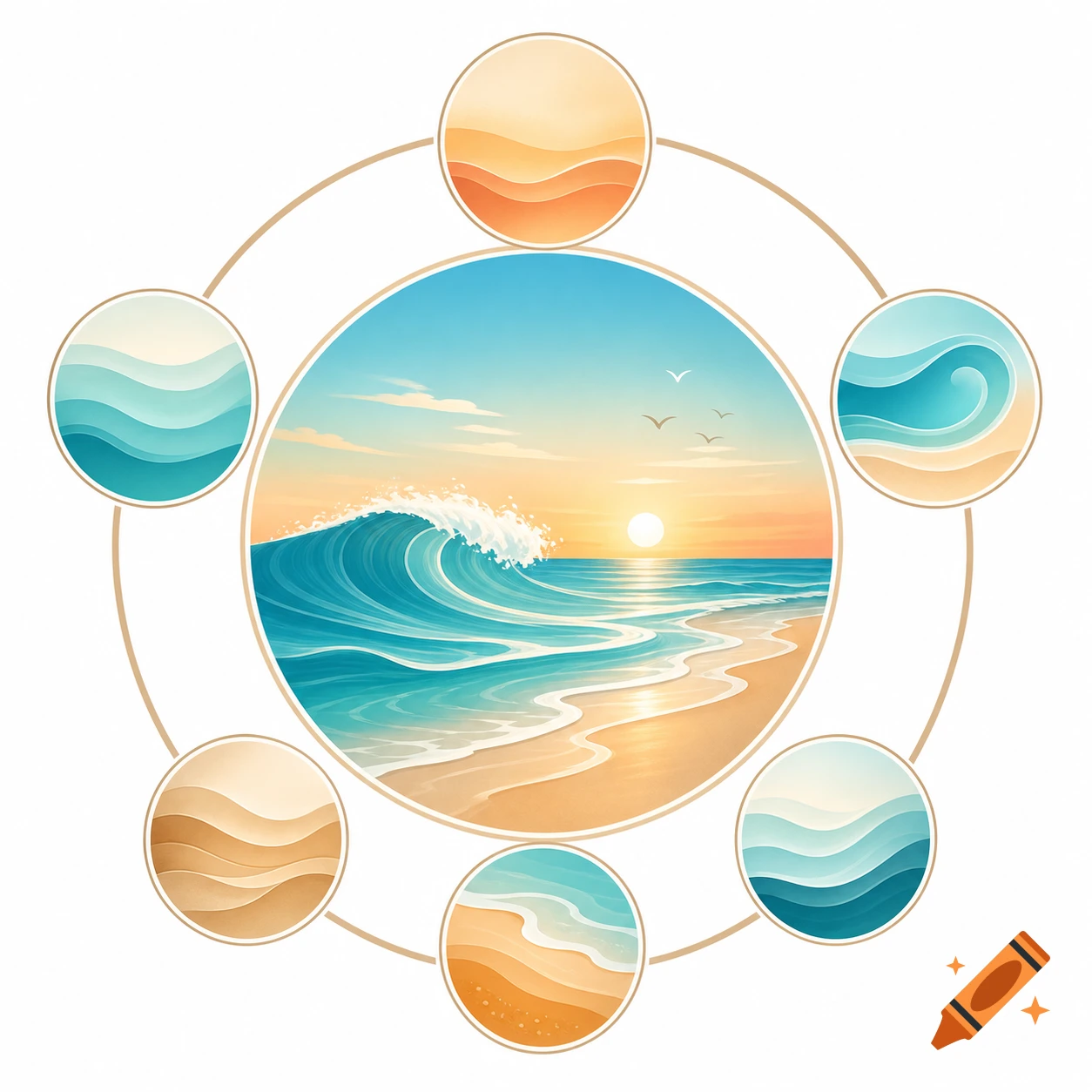 A stylized logo featuring a large central circle with a sunset beach scene, breaking waves, and a sandy shore, encircled by six smaller abstract wave and sand pattern circles.