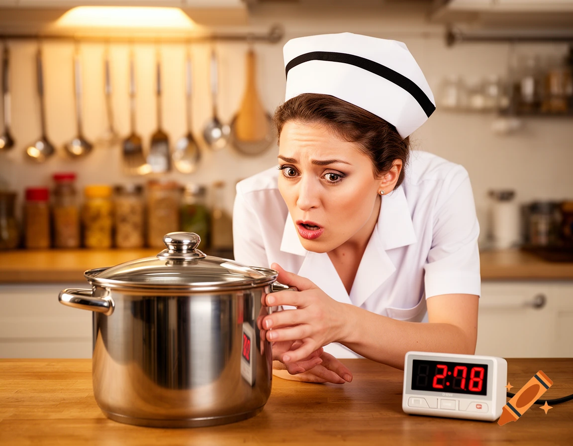 A concerned woman in a white uniform looks at a cooking pot and a digital timer in a kitchen, photorealistic.