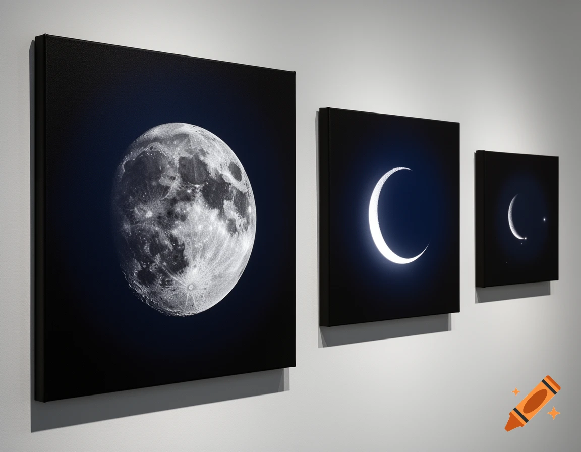 Three photorealistic framed artworks of the moon phases, including a full moon and two crescent moons, displayed on a wall.