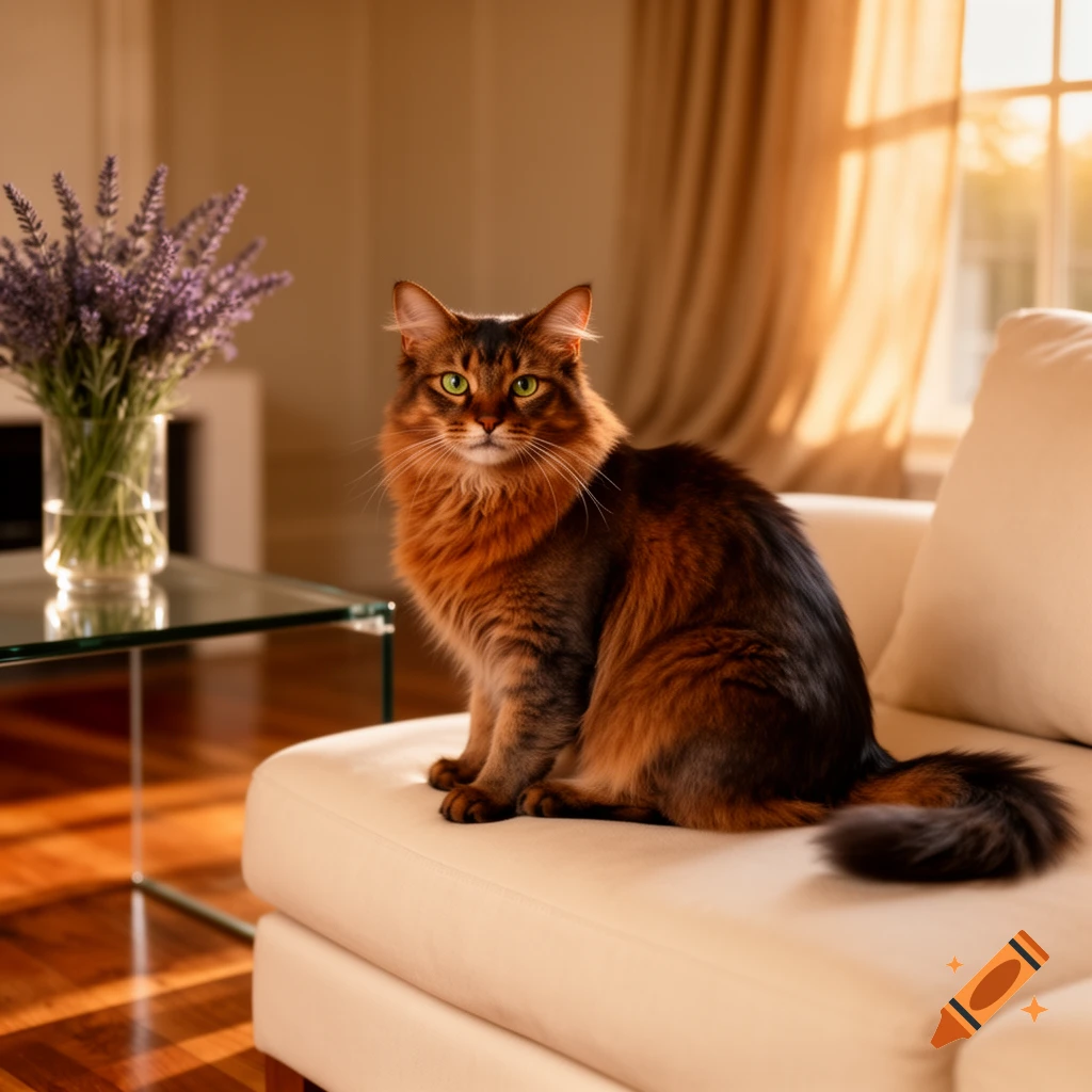 A fluffy ginger and brown cat with green eyes sits on a cream sofa in a sunlit room with lavender flowers on a glass table.